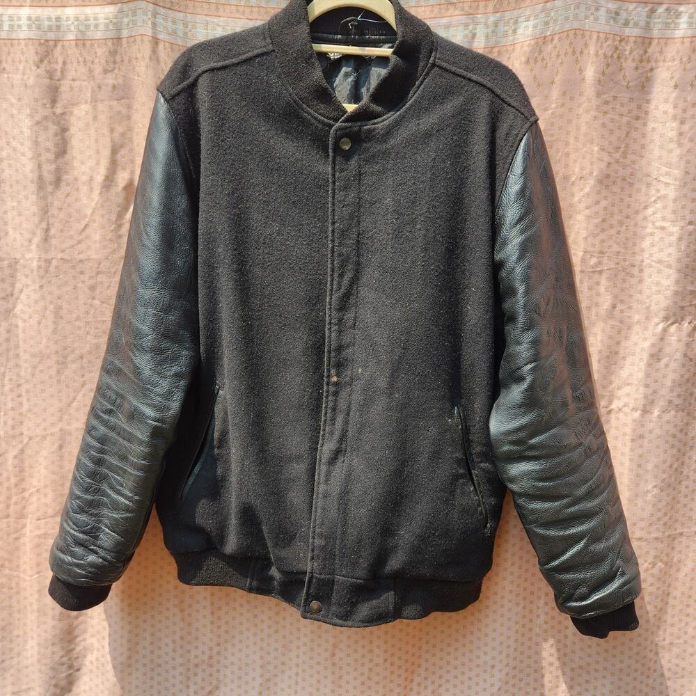 Classic 100% Wool / Leather Mens Varsity Jacket Sz L Black Bomber Streetwear NYC
